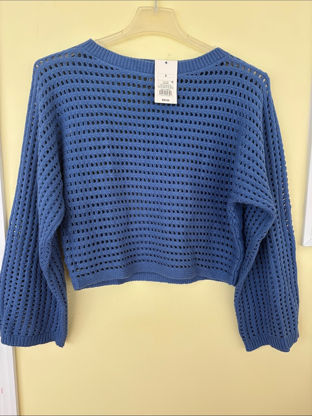 A New Day  Periwinkle Blue Open Knit Cropped Crewneck Sweater